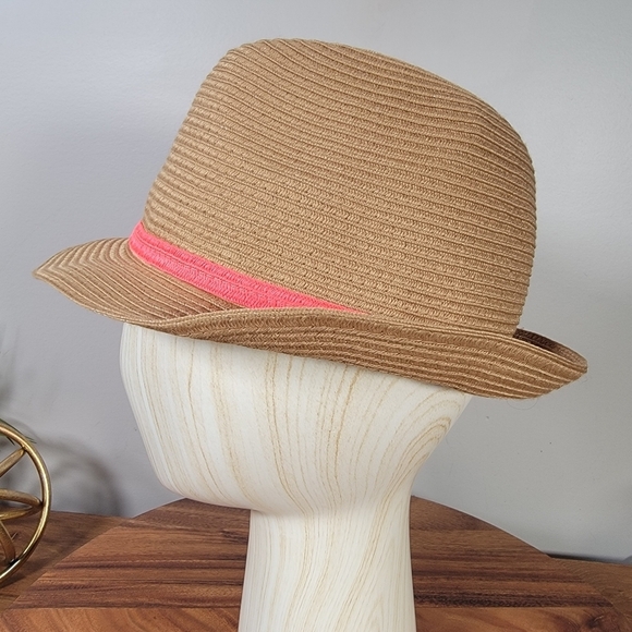 Target Brown Fedora with Bright Pink Band Woven Summer Sun Hat Women's One Size - Picture 7 of 14